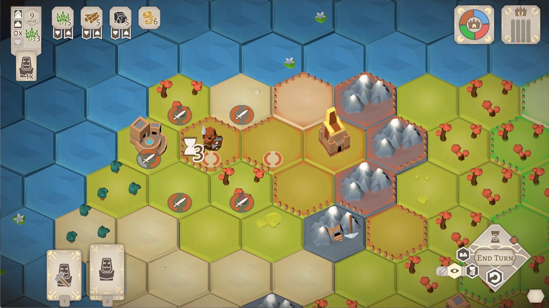 Kingdom of Krawall screenshot showing a spearman attacking a village